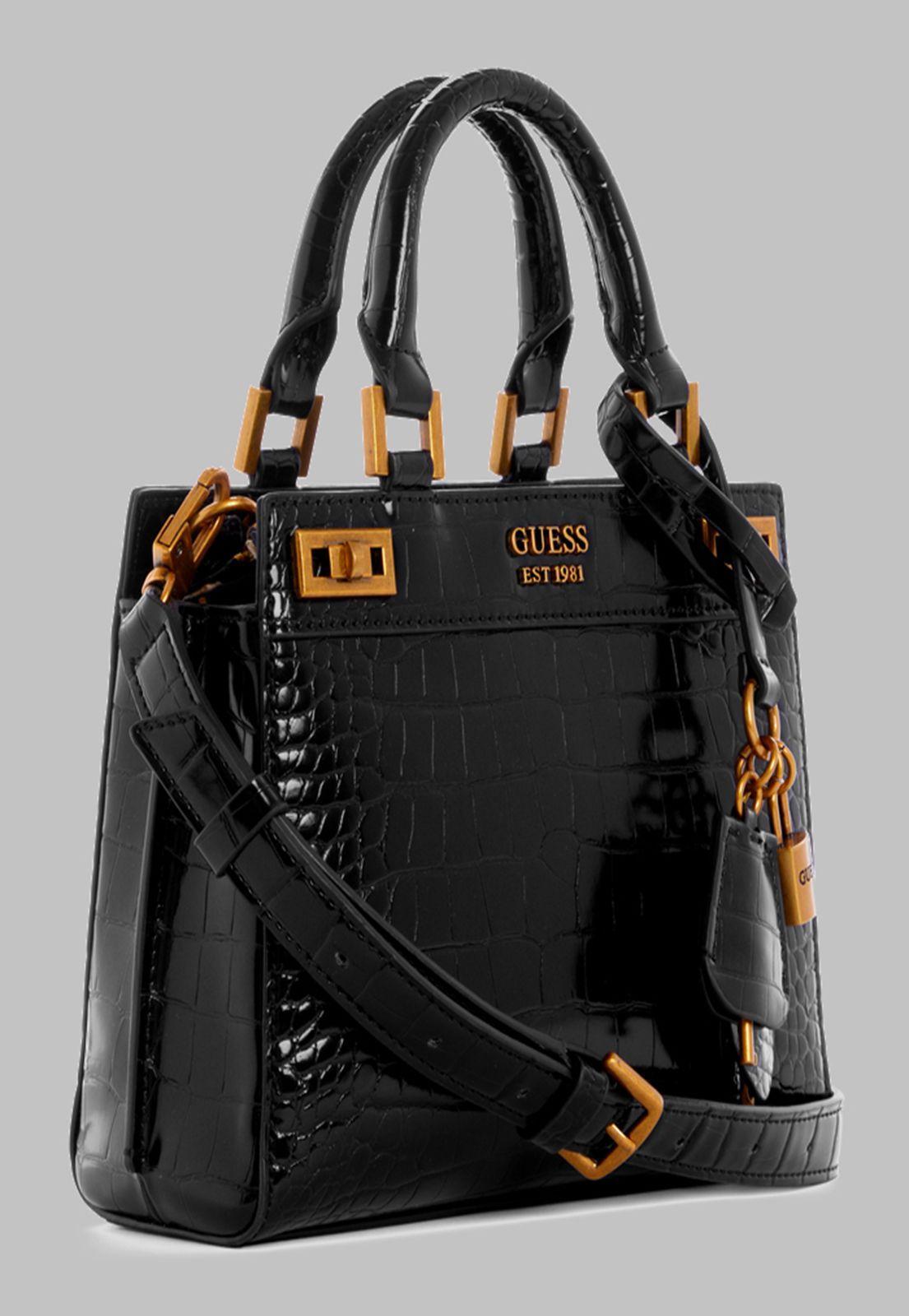 Mini Cartera Guess Katey Croc Mini Satchel Bla Negro-1