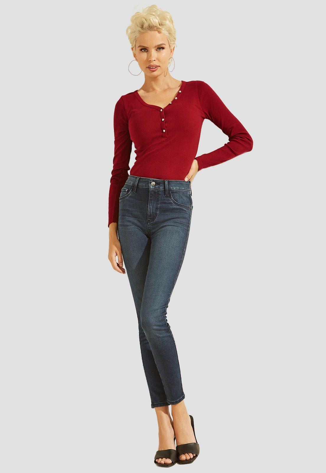 Polera Es Ls V Neck Logo Henley Tee Burdeo Guess-1