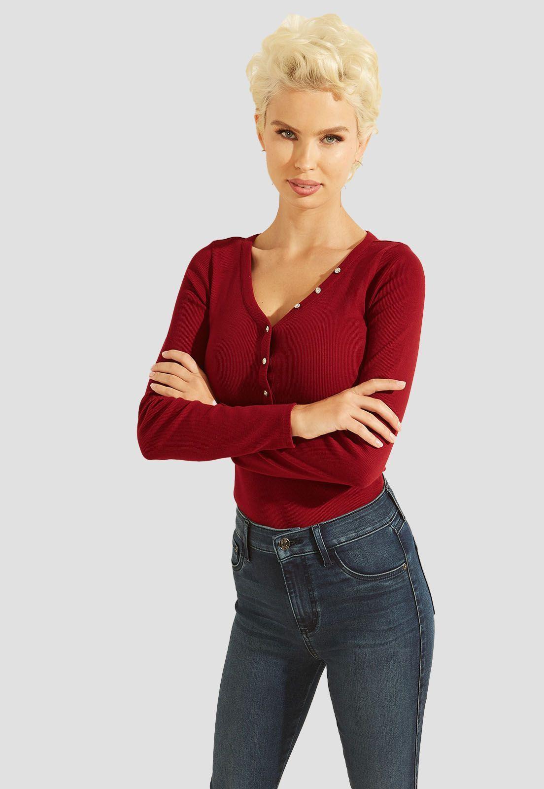 Polera Es Ls V Neck Logo Henley Tee Burdeo Guess-0