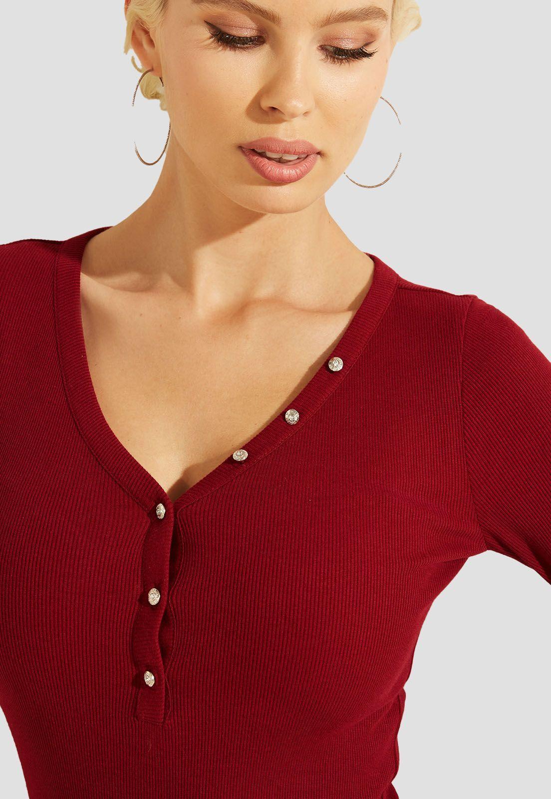 Polera Es Ls V Neck Logo Henley Tee Burdeo Guess-3