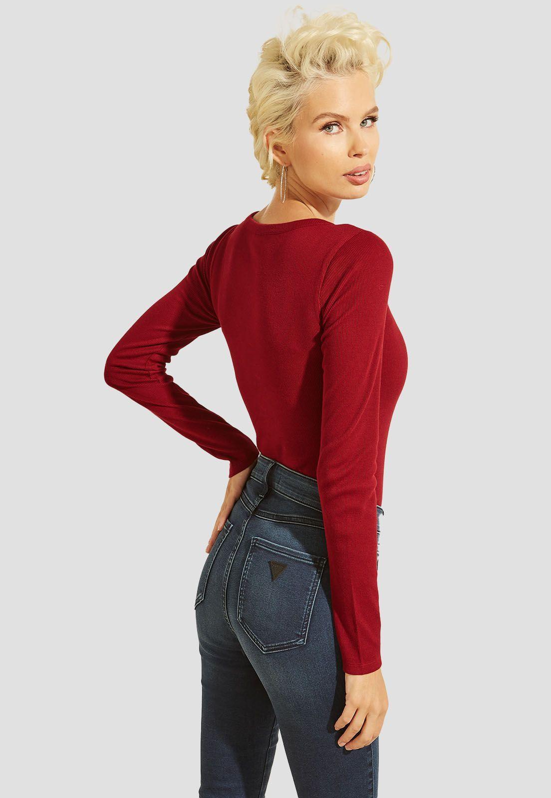 Polera Es Ls V Neck Logo Henley Tee Burdeo Guess-4