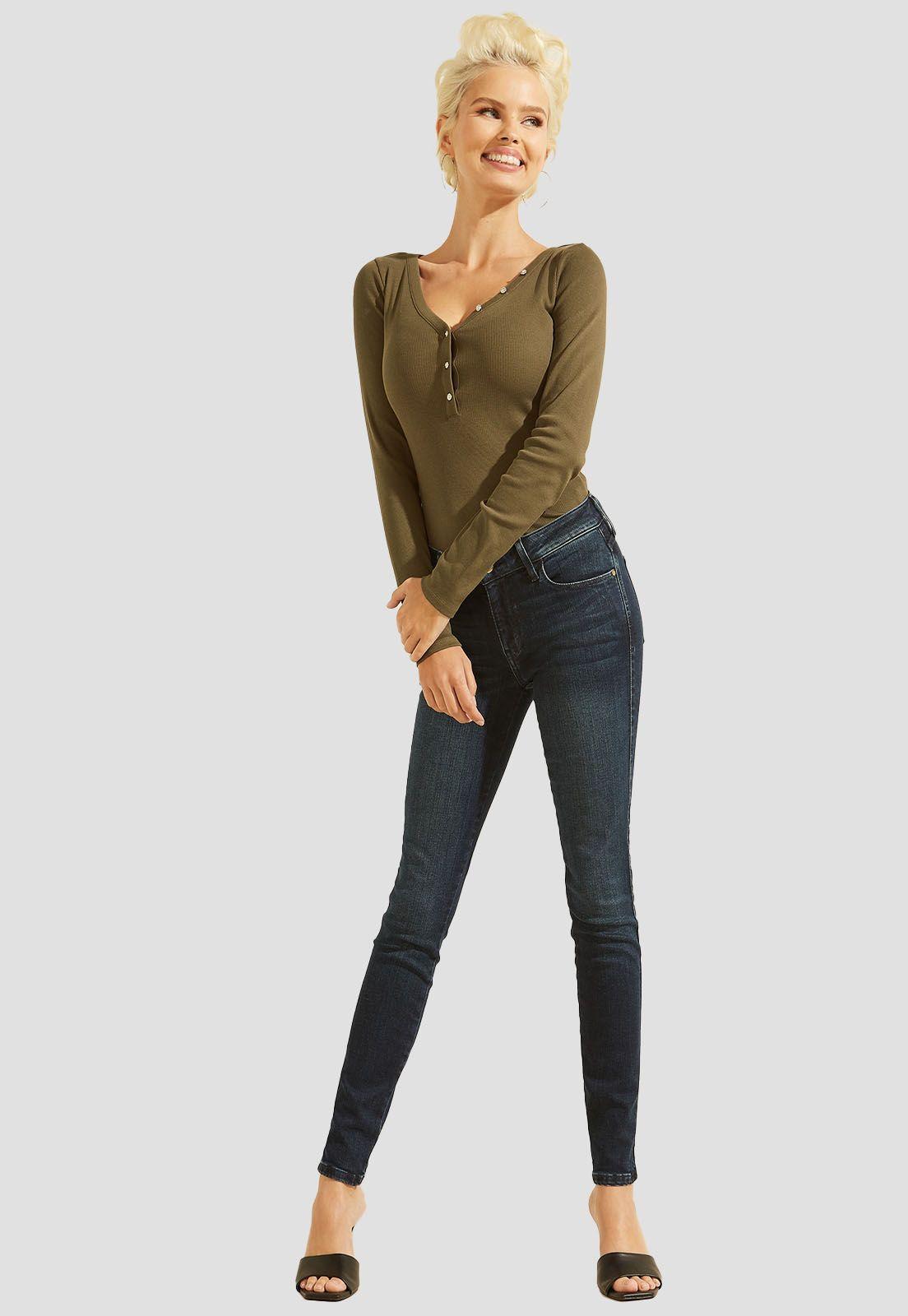 Polera Es Ls V Neck Logo Henley Tee Verde Guess-1