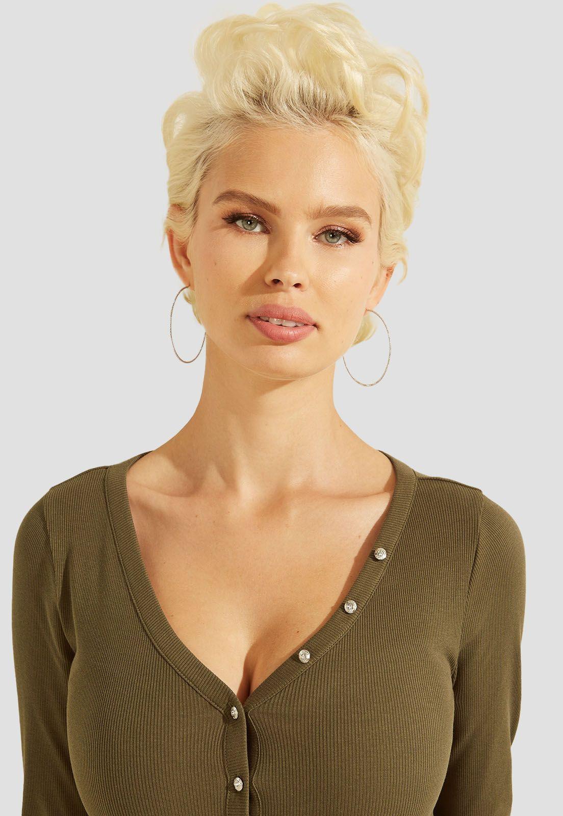 Polera Es Ls V Neck Logo Henley Tee Verde Guess-2