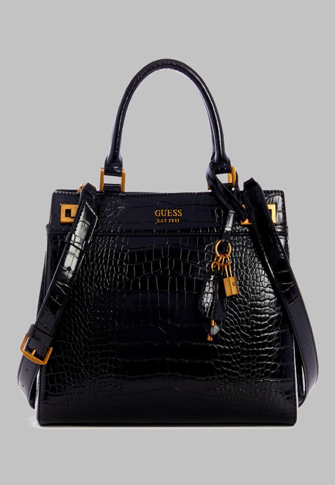 Cartera Guess Katey Croc Luxury Satchel Bla Negro-0