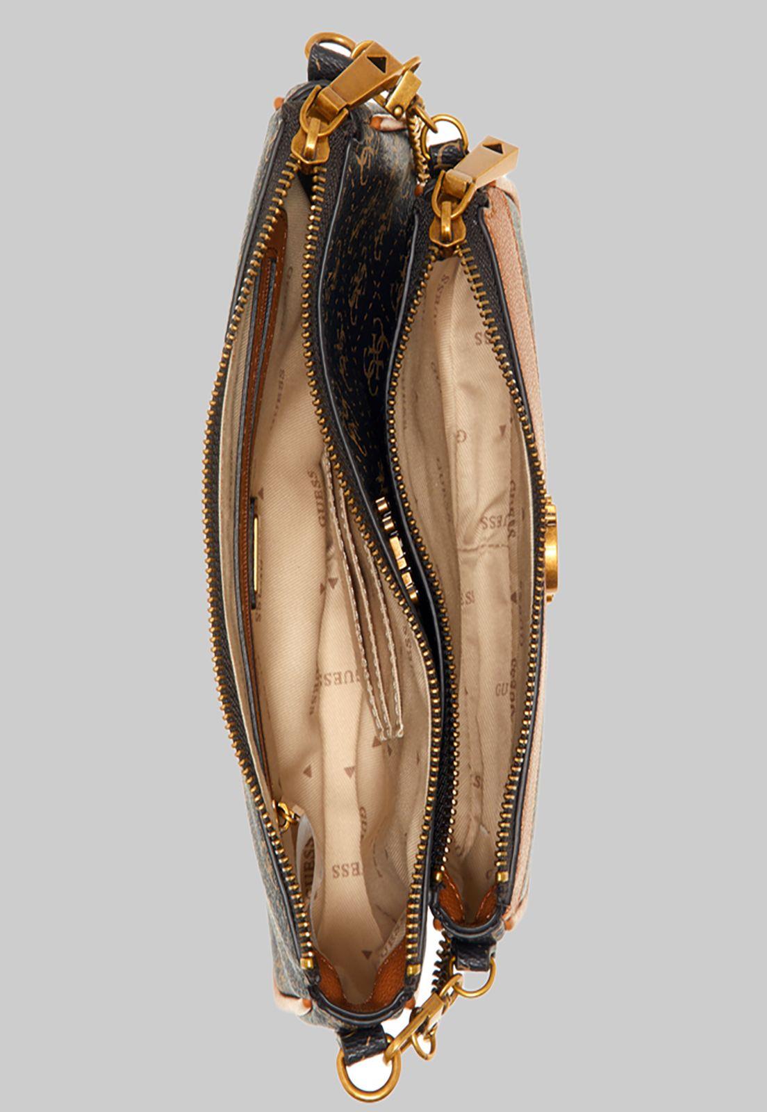 Mini Cartera Guess Nell Logo Dbl Pouch Crossbody Bga Café-3