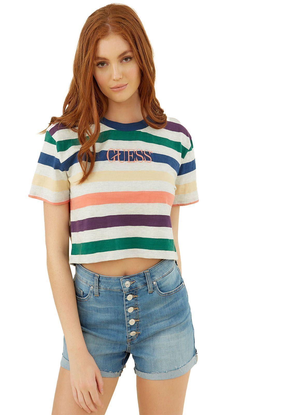 Polera Guess Ss Multicolor Stripe Crop Tee-0