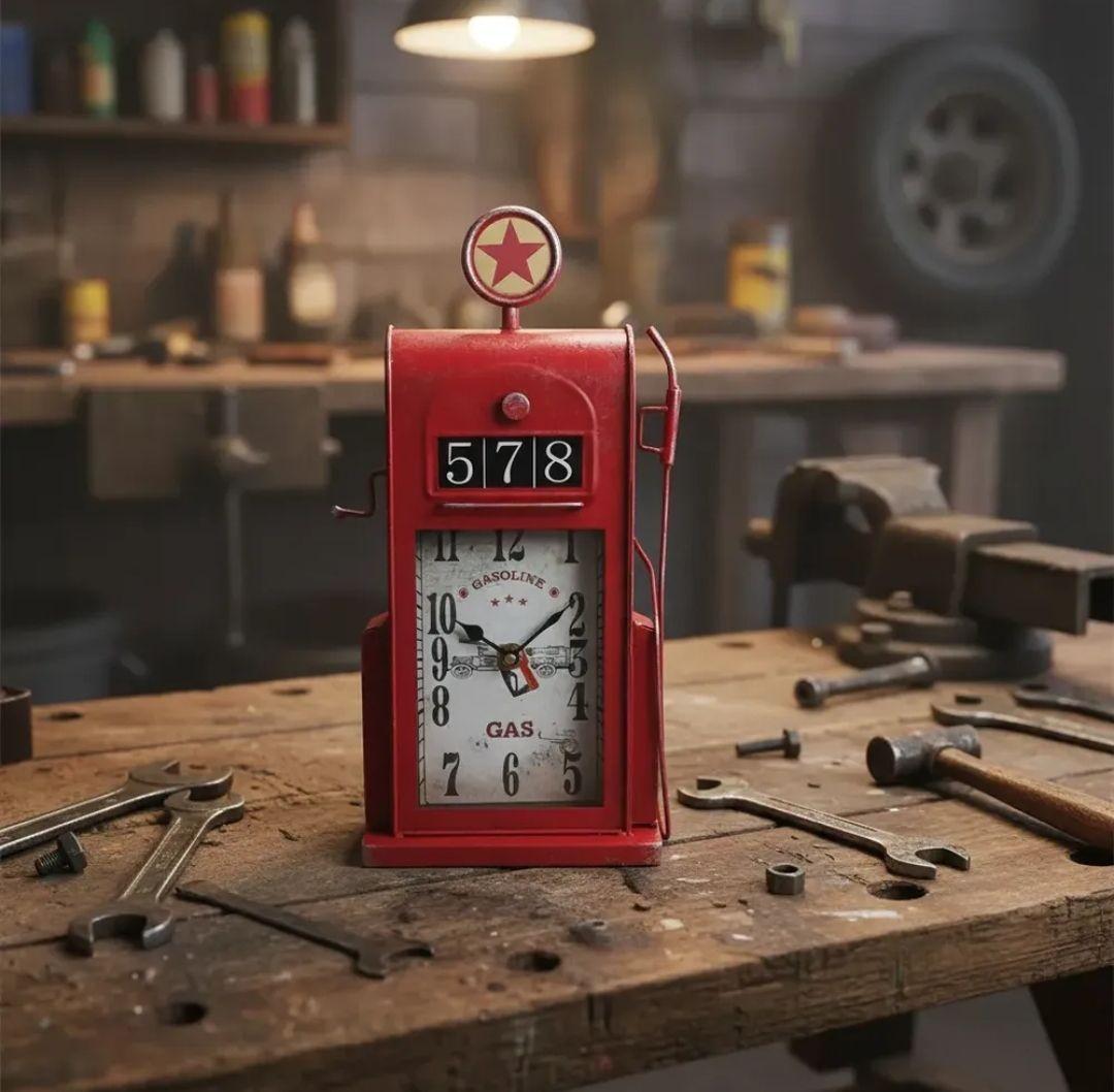 RELOJ VINTAGE SOBRE MESA GASOLINERA RETRO ROJA-2