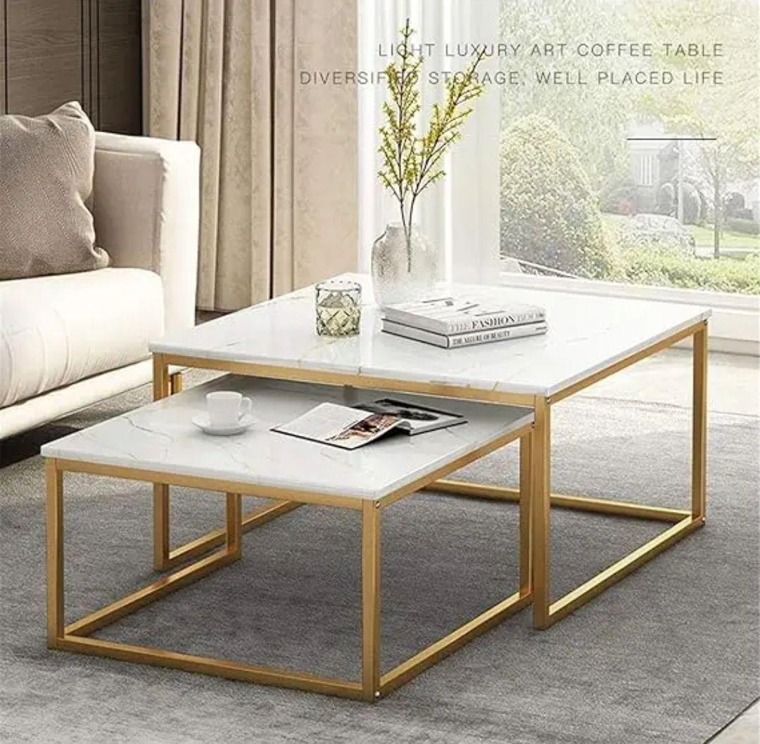 MESA CENTRO MODERNA BLANCA CON DORADO SET DOS MESAS-2