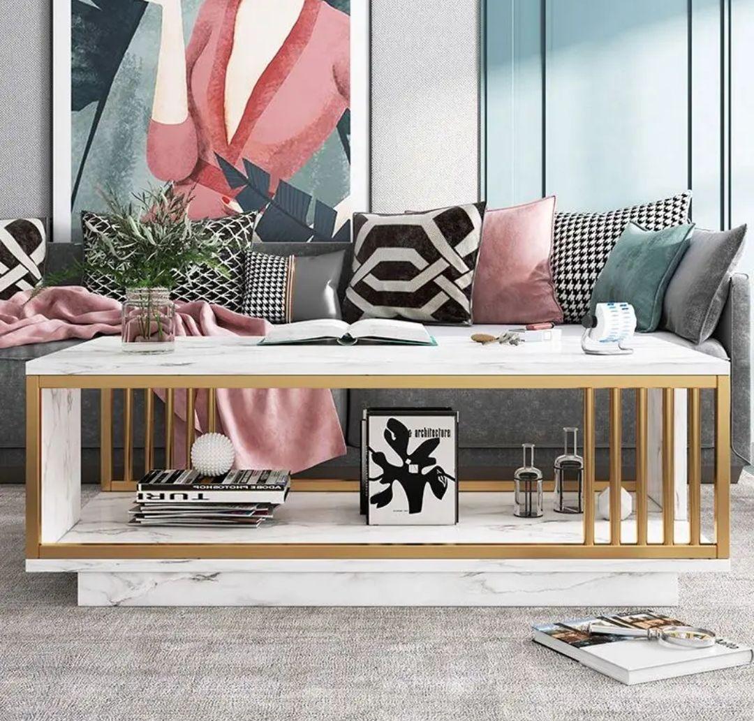 MESA CENTRO MODERNA BLANCA CON DORADO RECTANGULAR-2