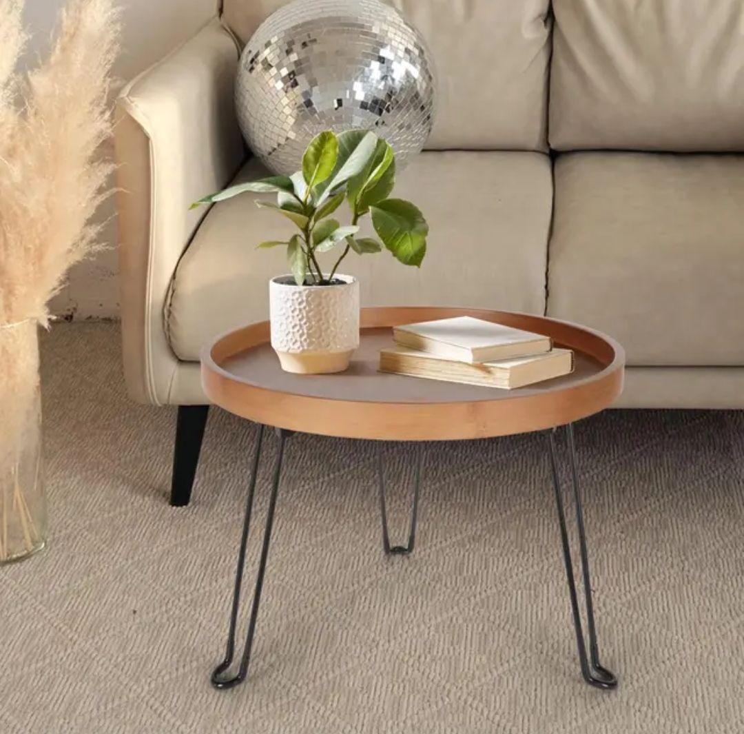 MESA AUXILIAR REDONDA MODERNA  CAFE CON PATAS DE METAL PLEGABLES-3