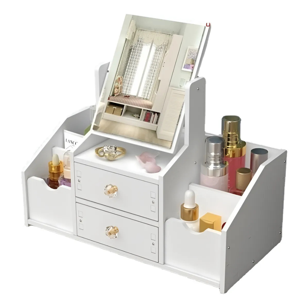 Organizador de Maquillaje con Espejo y Cajones Cosmetiquero Multiuso Blanco Compacto-2