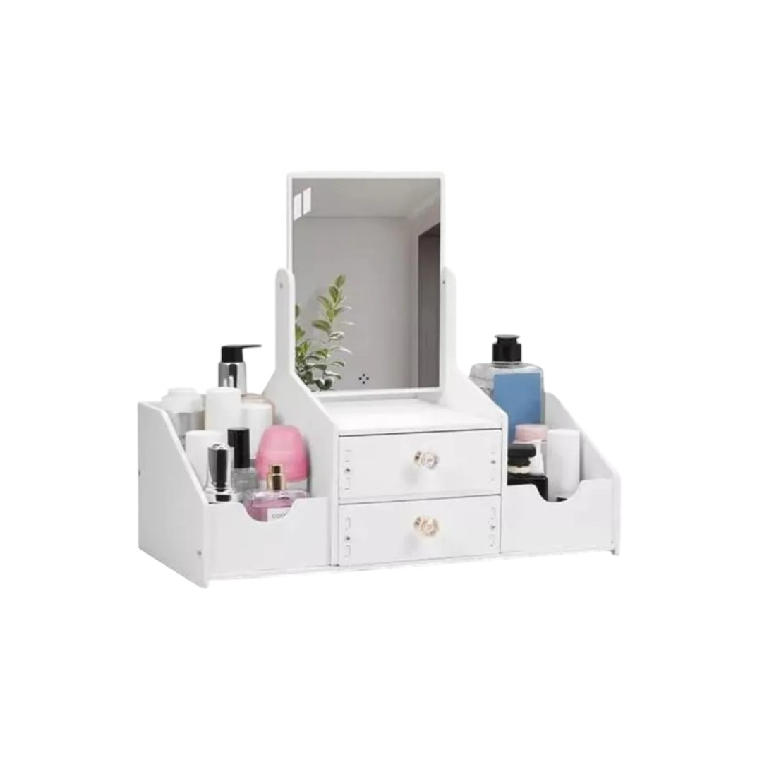 Organizador de Maquillaje con Espejo y Cajones Cosmetiquero Multiuso Blanco Compacto-3