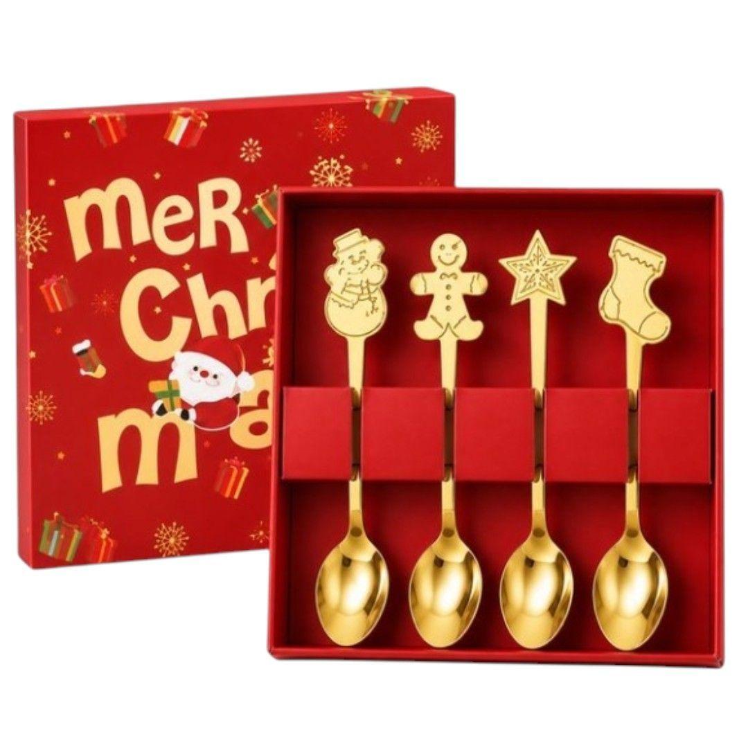 SET DE 4 CUCHARITAS NAVIDE AS DORADAS CON DISE OS DECORATIVOS PARA CAF Y POSTRES-0