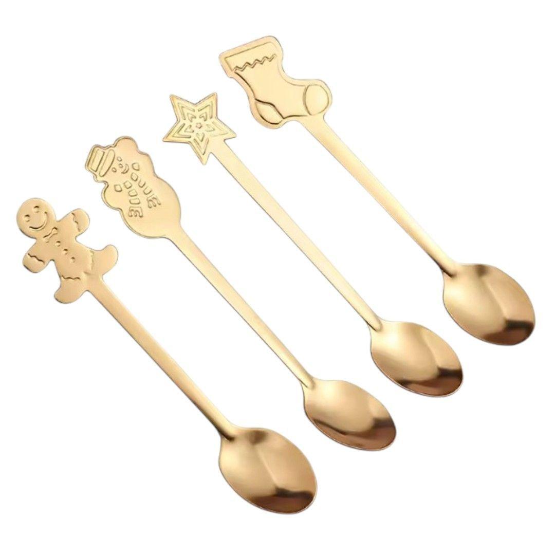 SET DE 4 CUCHARITAS NAVIDE AS DORADAS CON DISE OS DECORATIVOS PARA CAF Y POSTRES-2