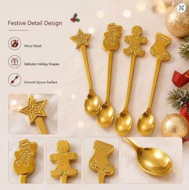 SET DE 4 CUCHARITAS NAVIDE AS DORADAS CON DISE OS DECORATIVOS PARA CAF Y POSTRES-3