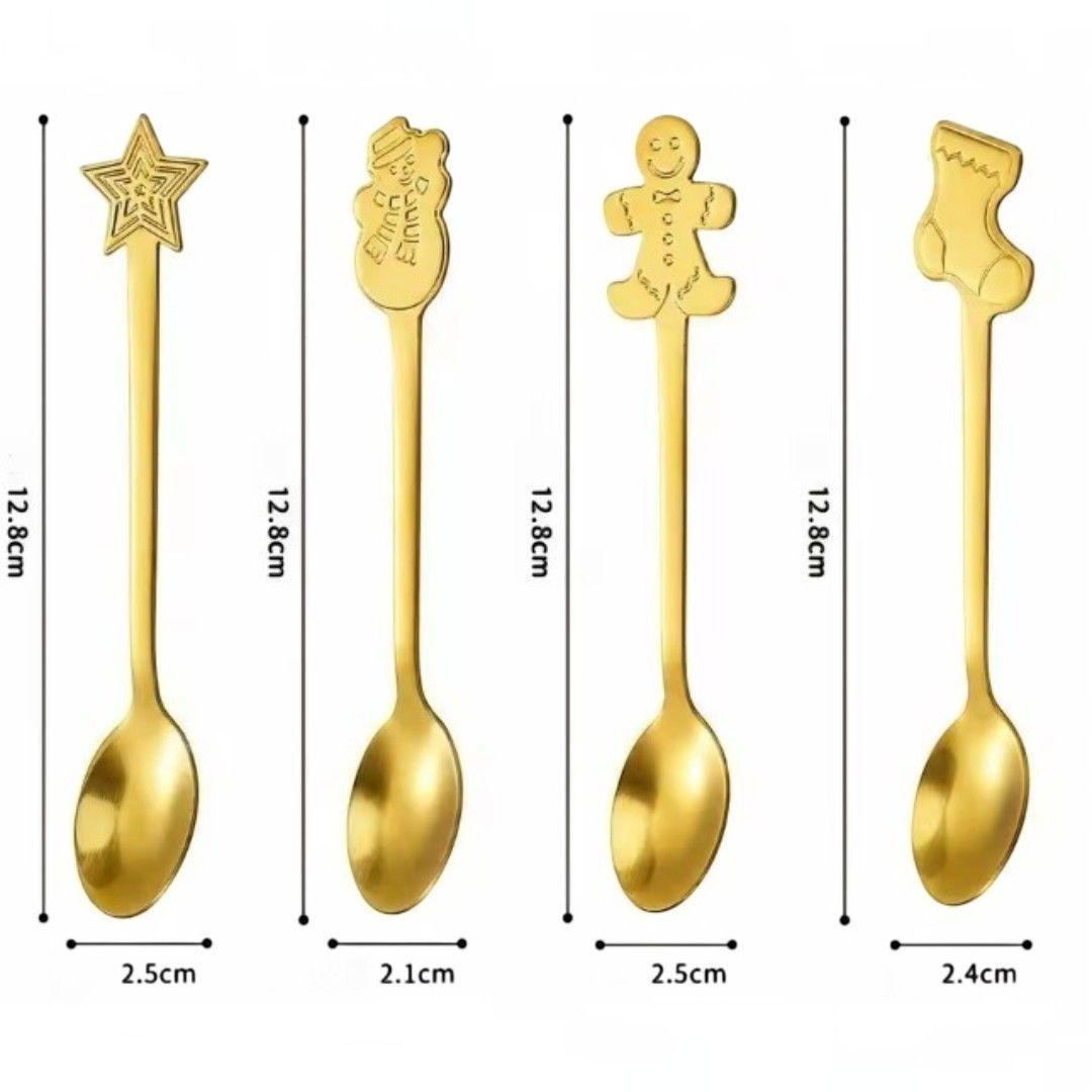 SET DE 4 CUCHARITAS NAVIDE AS DORADAS CON DISE OS DECORATIVOS PARA CAF Y POSTRES-4
