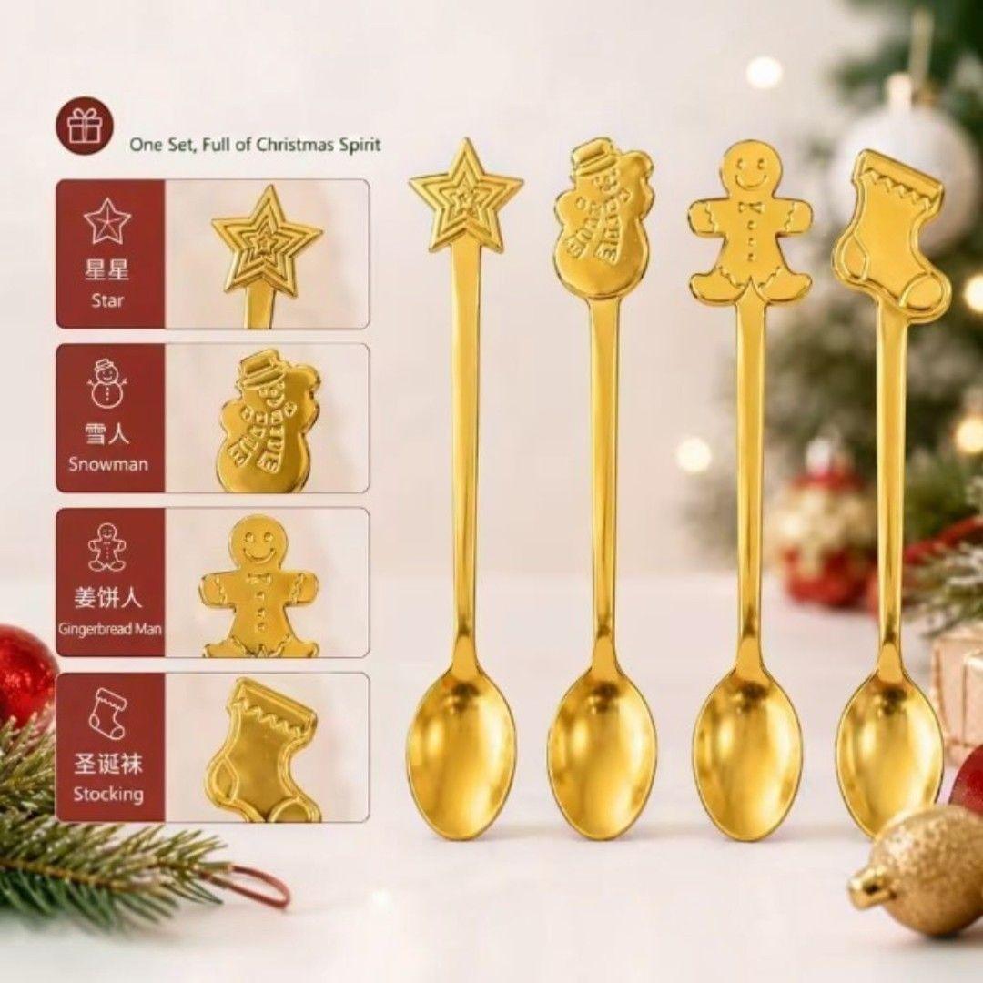 SET DE 4 CUCHARITAS NAVIDE AS DORADAS CON DISE OS DECORATIVOS PARA CAF Y POSTRES-5