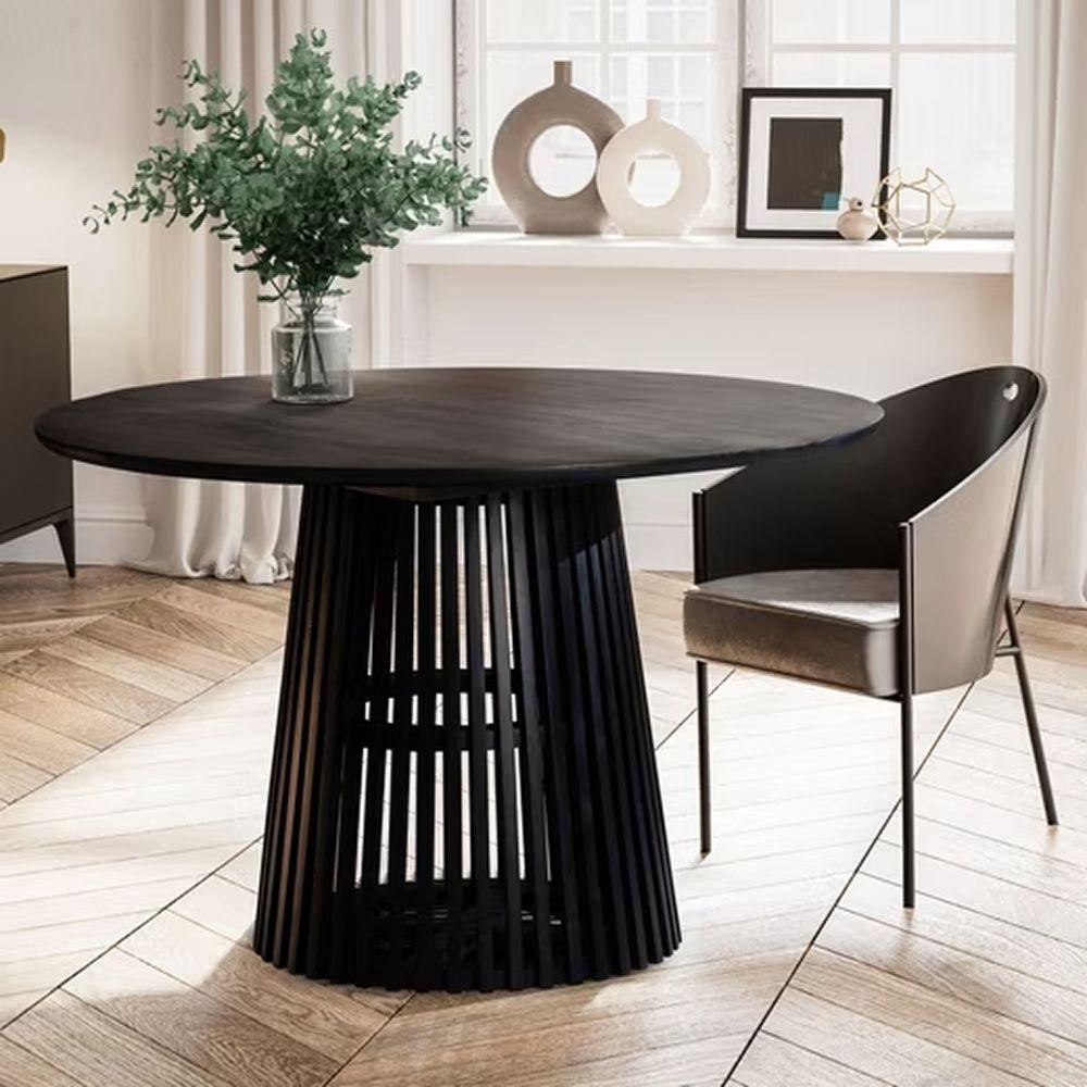 Mesa Redonda De Comedor 120 Cm Madera Natural Base Estilo Rejilla-4