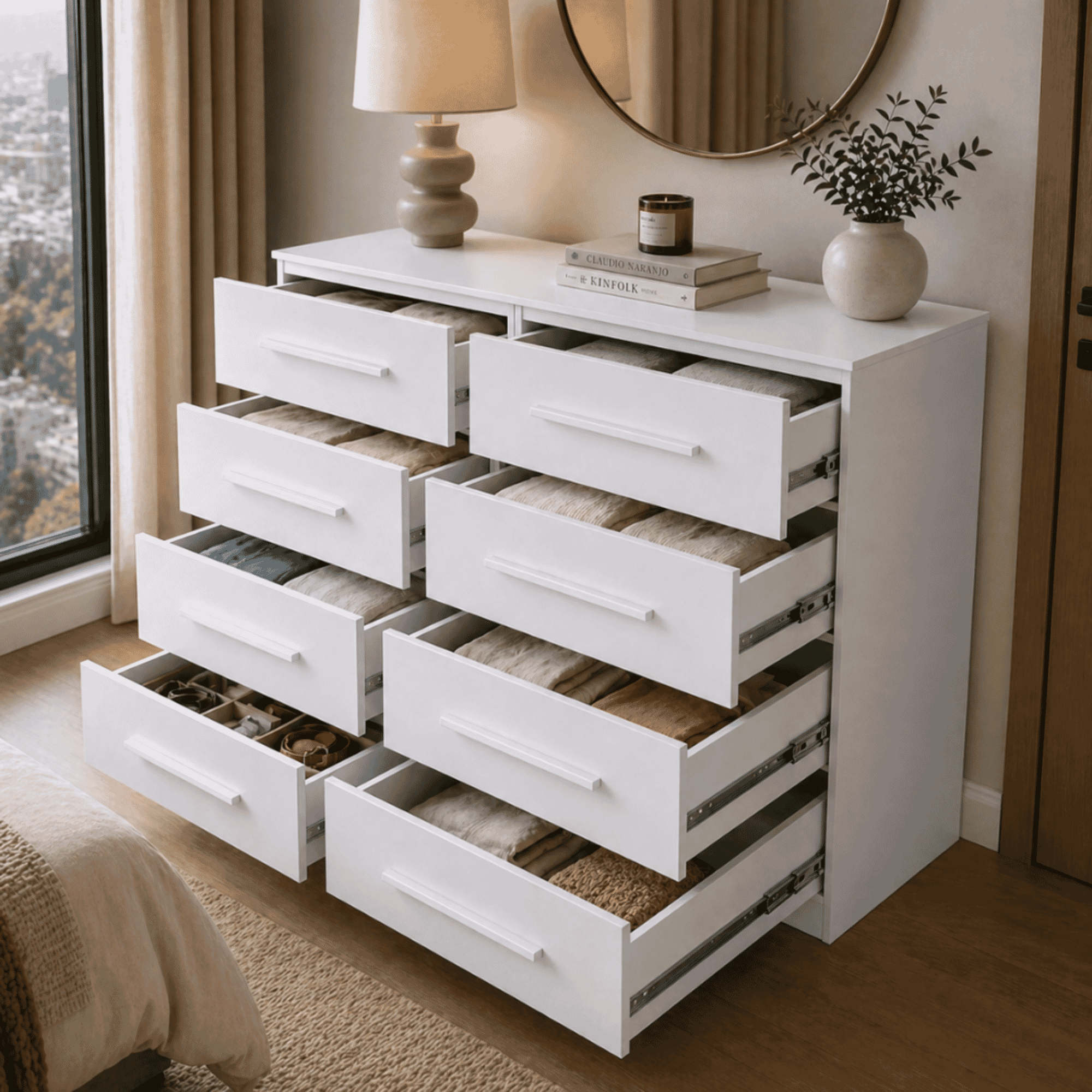 CÓMODA ARIZONA PLUS 8 CAJONES BLANCO CORREDERAS METALICAS 102X121X39-1