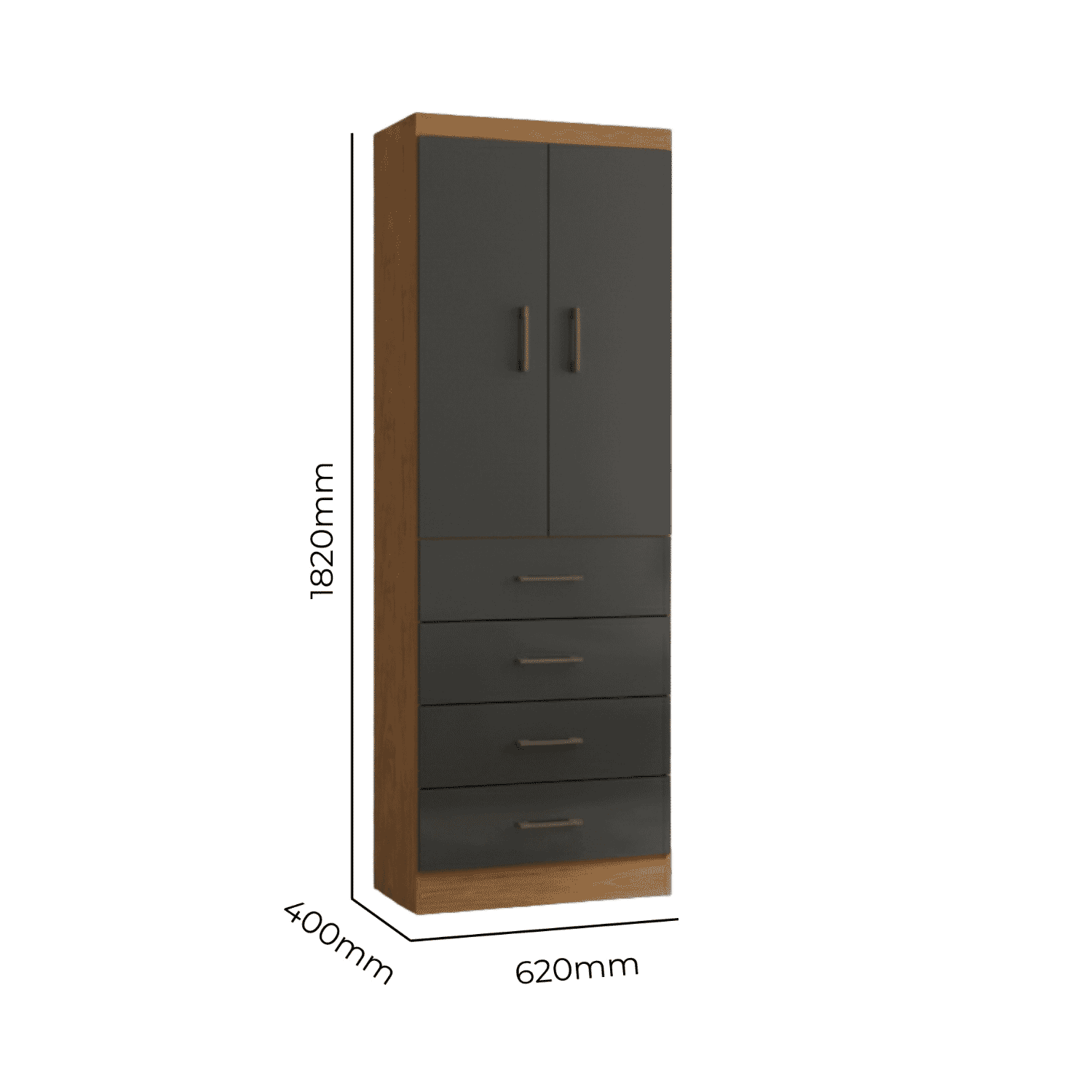 CLÓSET DE 2 PUERTAS 4 CAJONES 62X182X40 CM ROBLE-NEGRO-2