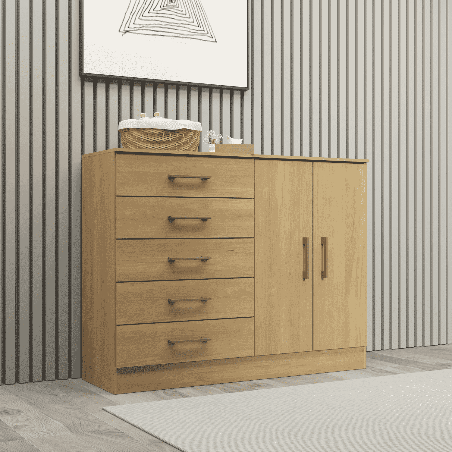 Cómoda 5 Cajones + 2 Puertas Roble Dakar 93x119x38 cm-2