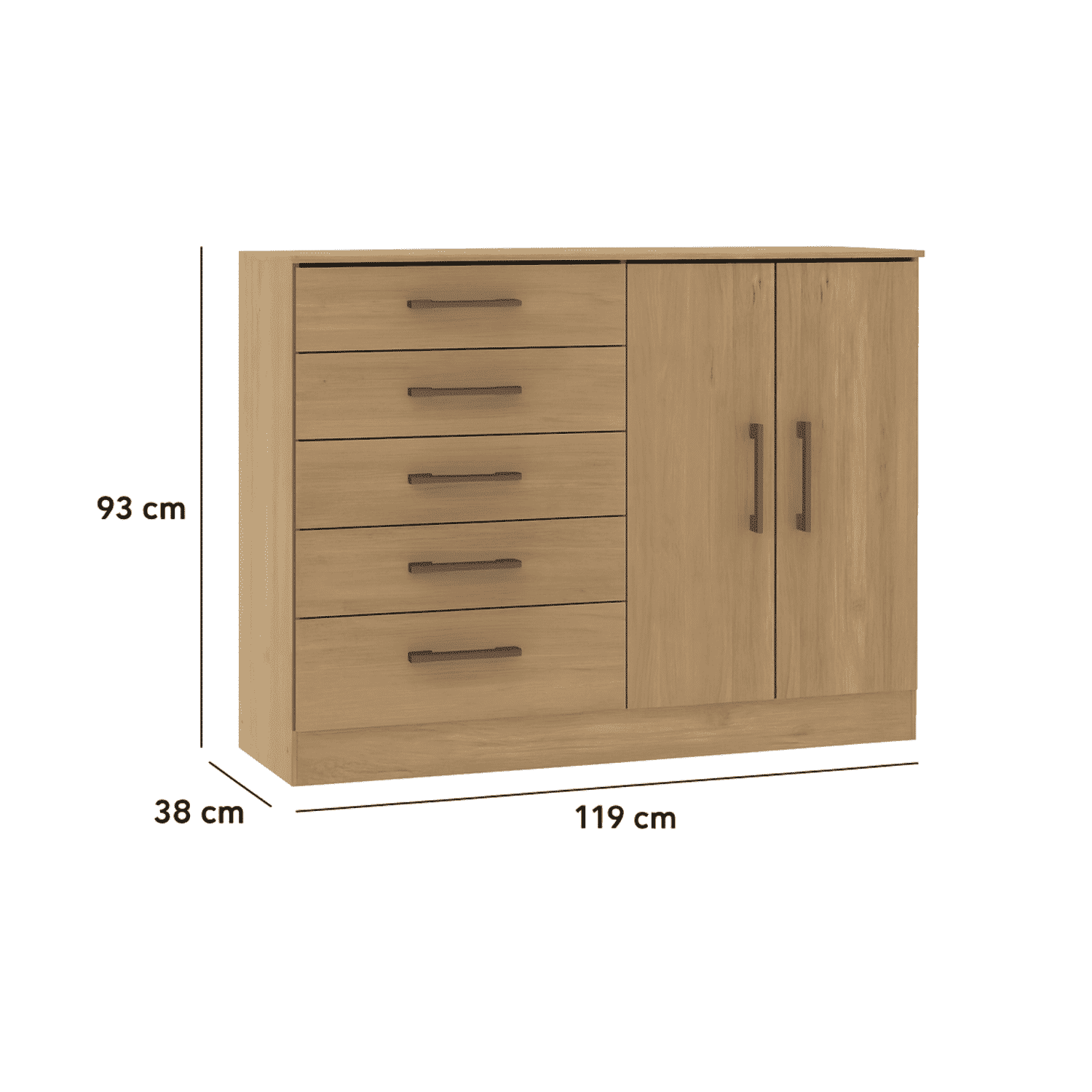 Cómoda 5 Cajones + 2 Puertas Roble Dakar 93x119x38 cm-3