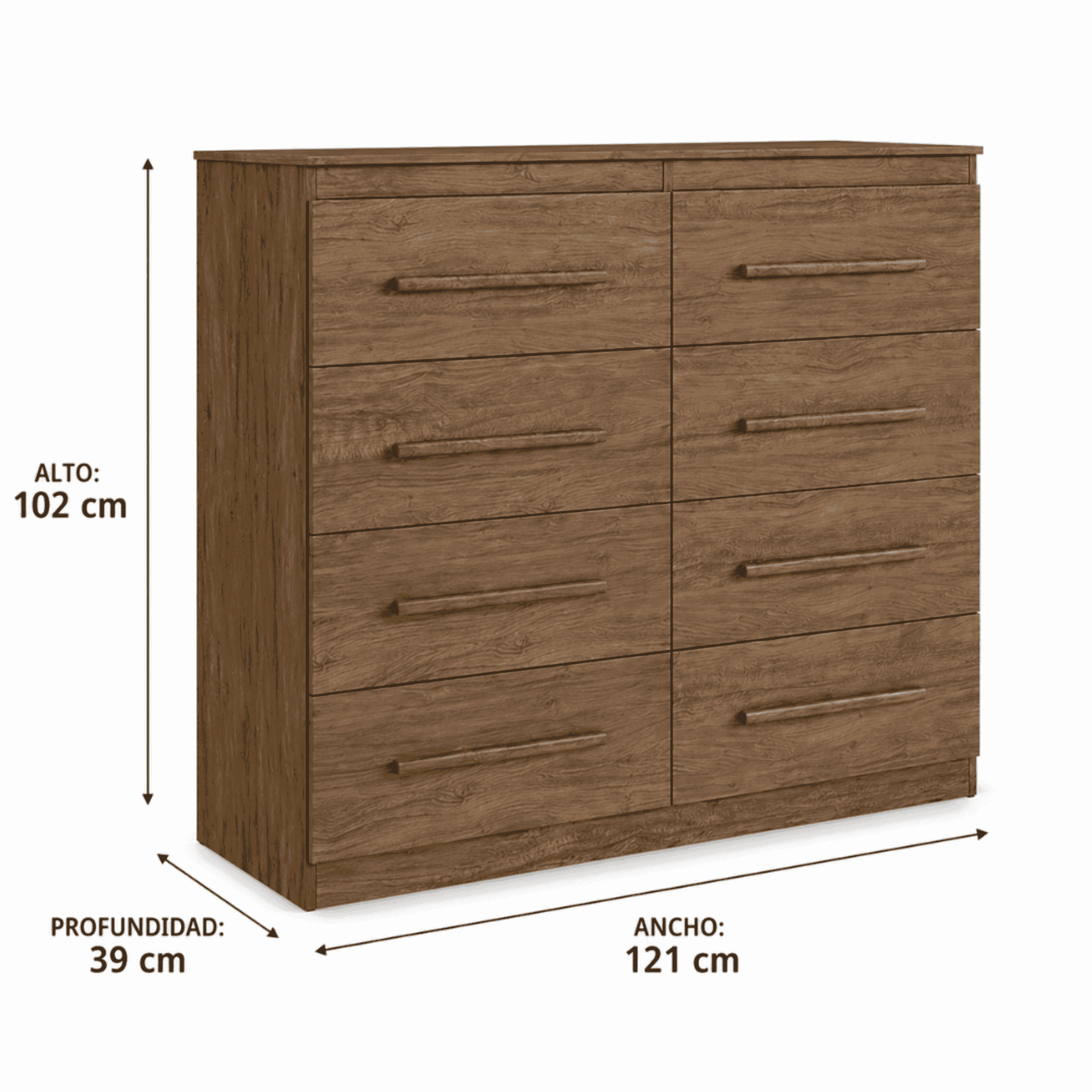 CÓMODA ARIZONA PLUS 8 CAJONES CAFÉ CORREDERAS METALICAS 102X121X39-2