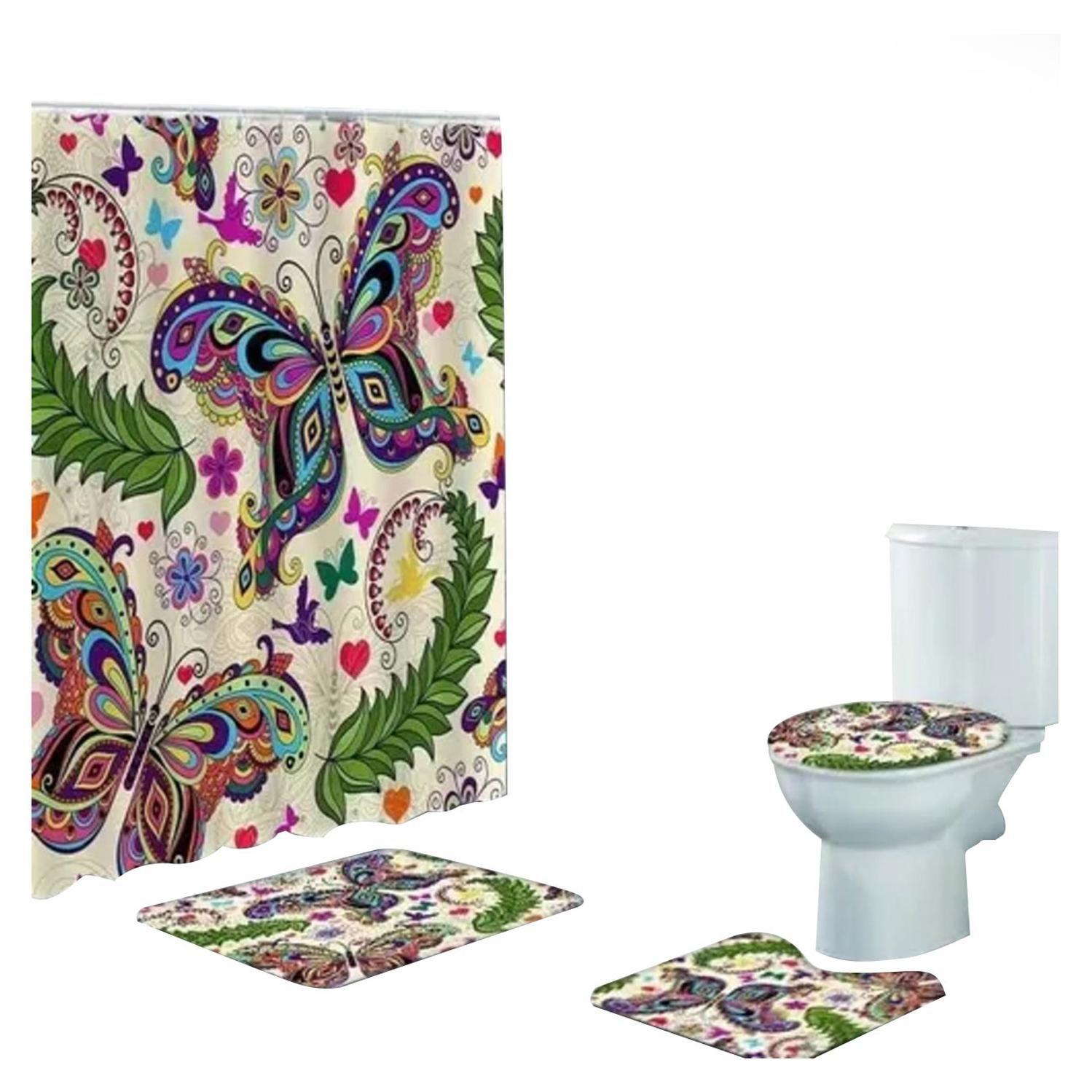 Cortina De Ducha + Set De Alfombra + Tapete Baño Mariposas-0