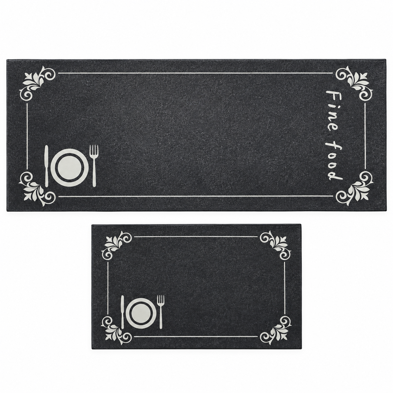 Set 2 Alfombras de Interior para Cocina Negras Poliester Diseño Cubiertos 267-0