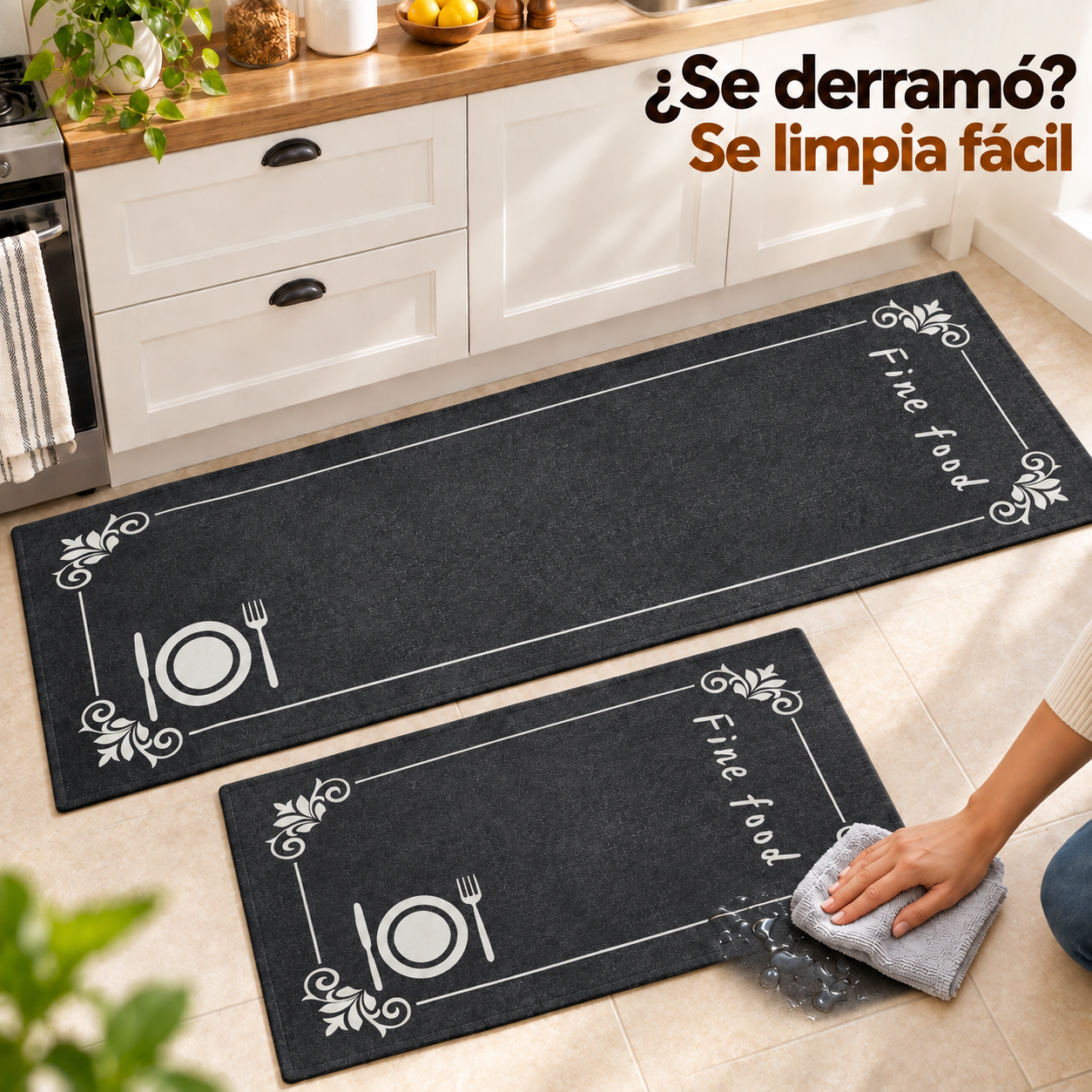 Set 2 Alfombras de Interior para Cocina Negras Poliester Diseño Cubiertos 267-2