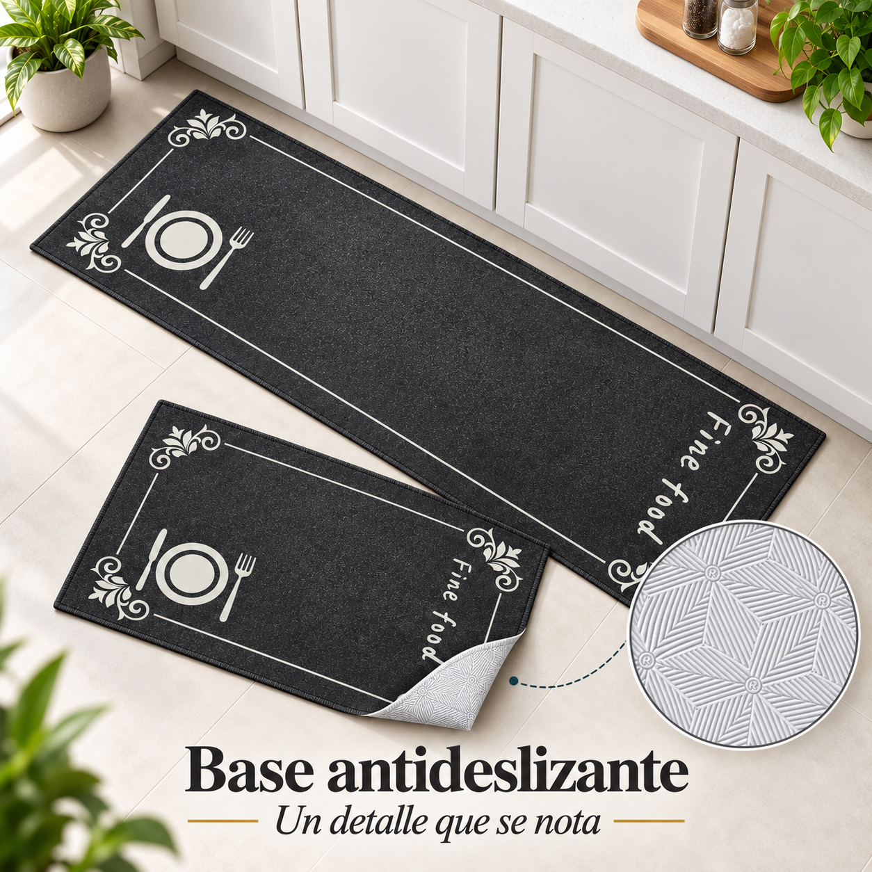 Set 2 Alfombras de Interior para Cocina Negras Poliester Diseño Cubiertos 267-3