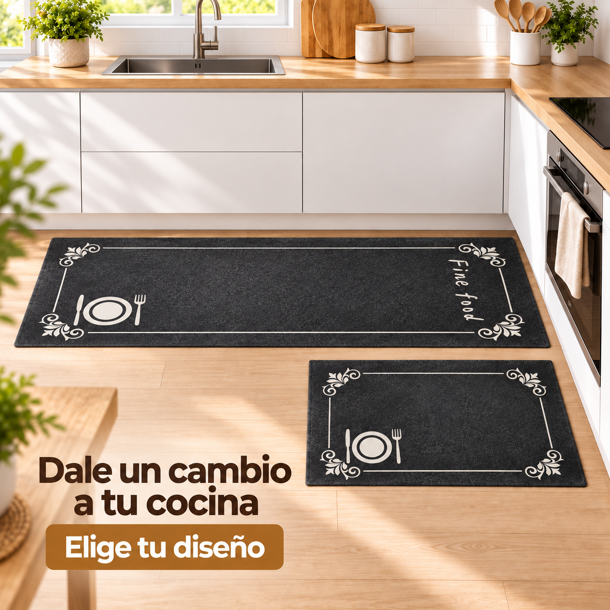 Set 2 Alfombras de Interior para Cocina Negras Poliester Diseño Cubiertos 267-4