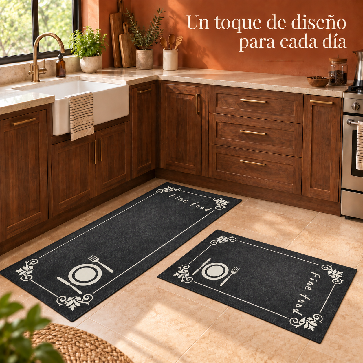 Set 2 Alfombras de Interior para Cocina Negras Poliester Diseño Cubiertos 267-5