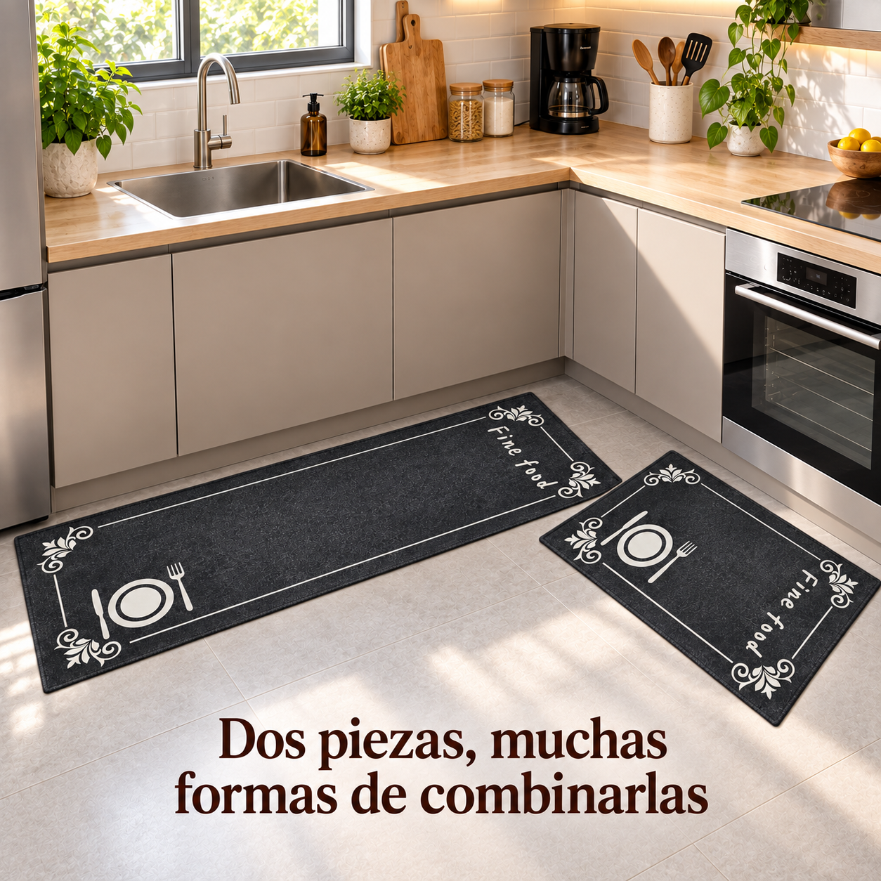 Set 2 Alfombras de Interior para Cocina Negras Poliester Diseño Cubiertos 267-6