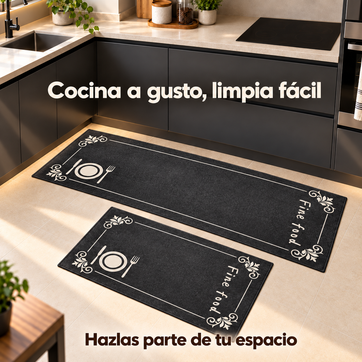 Set 2 Alfombras de Interior para Cocina Negras Poliester Diseño Cubiertos 267-7