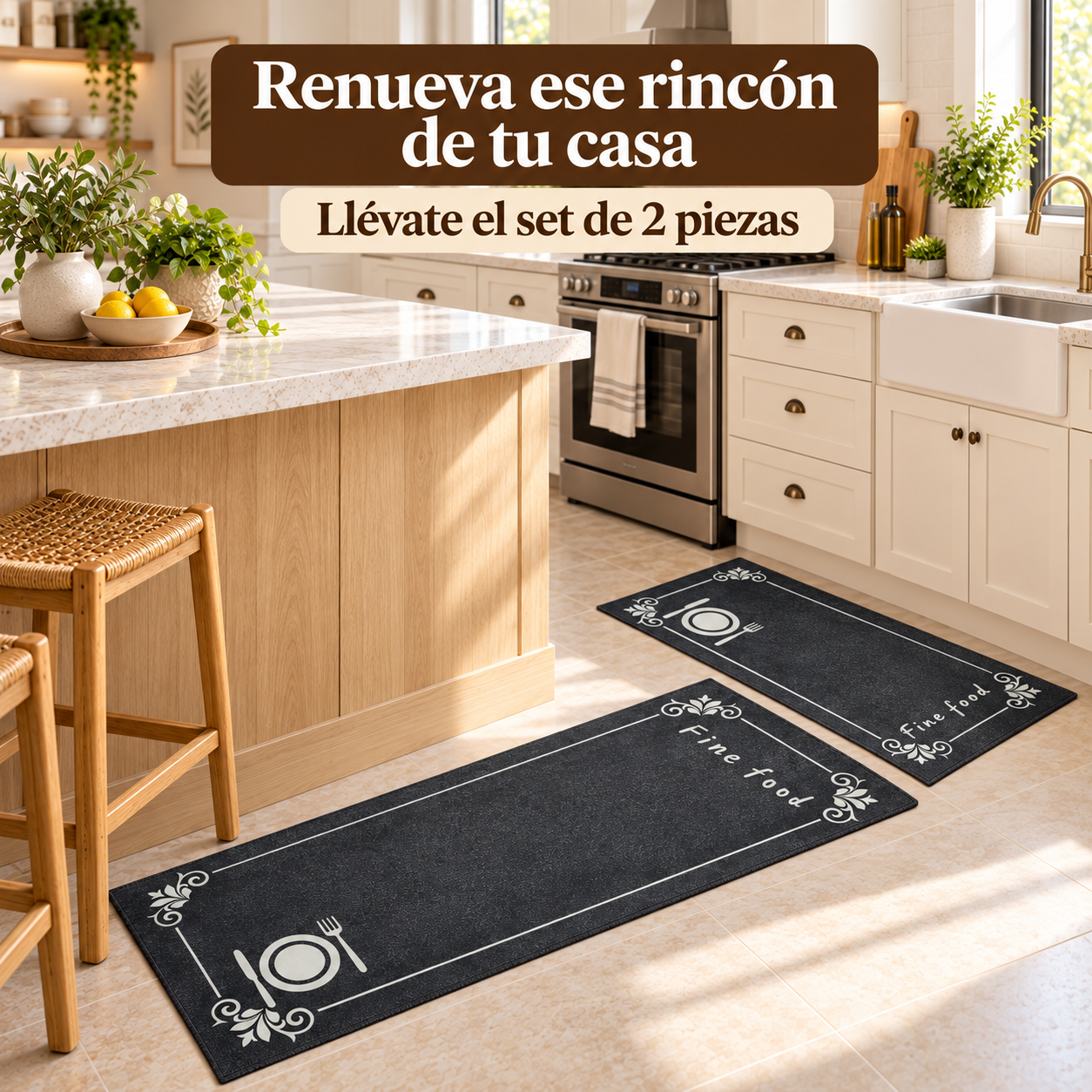 Set 2 Alfombras de Interior para Cocina Negras Poliester Diseño Cubiertos 267-8