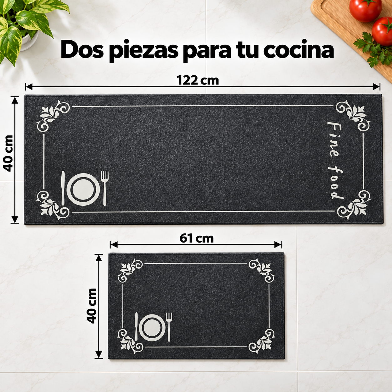 Set 2 Alfombras de Interior para Cocina Negras Poliester Diseño Cubiertos 267-9