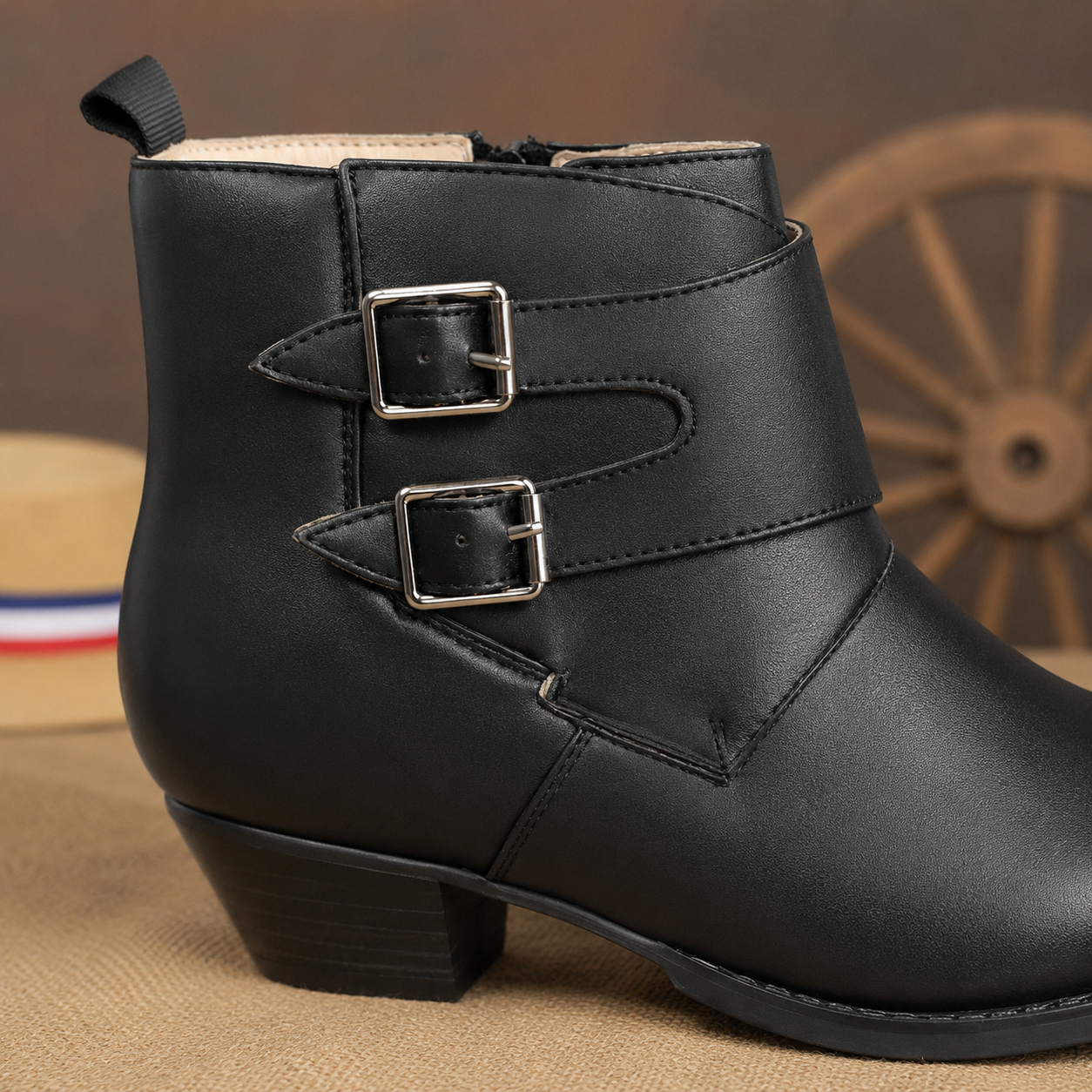 Botín Juvenil de Huaso Negro con Doble Hebilla Modelo 7604-5