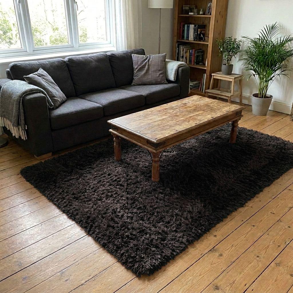 Alfombra Shaggy peluda Color Negro 150x200 026 Calidad Premium-2