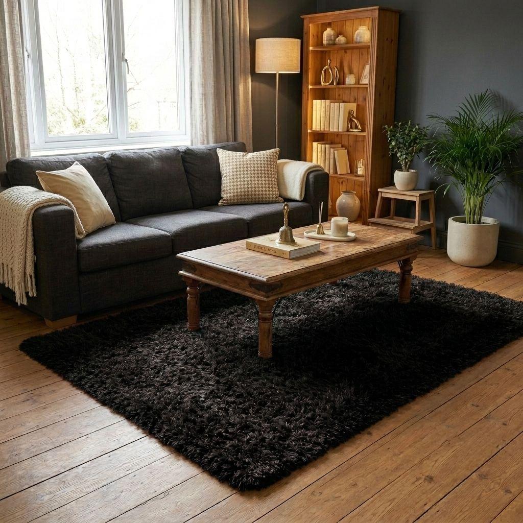 Alfombra Shaggy peluda Color Negro 150x200 026 Calidad Premium-4