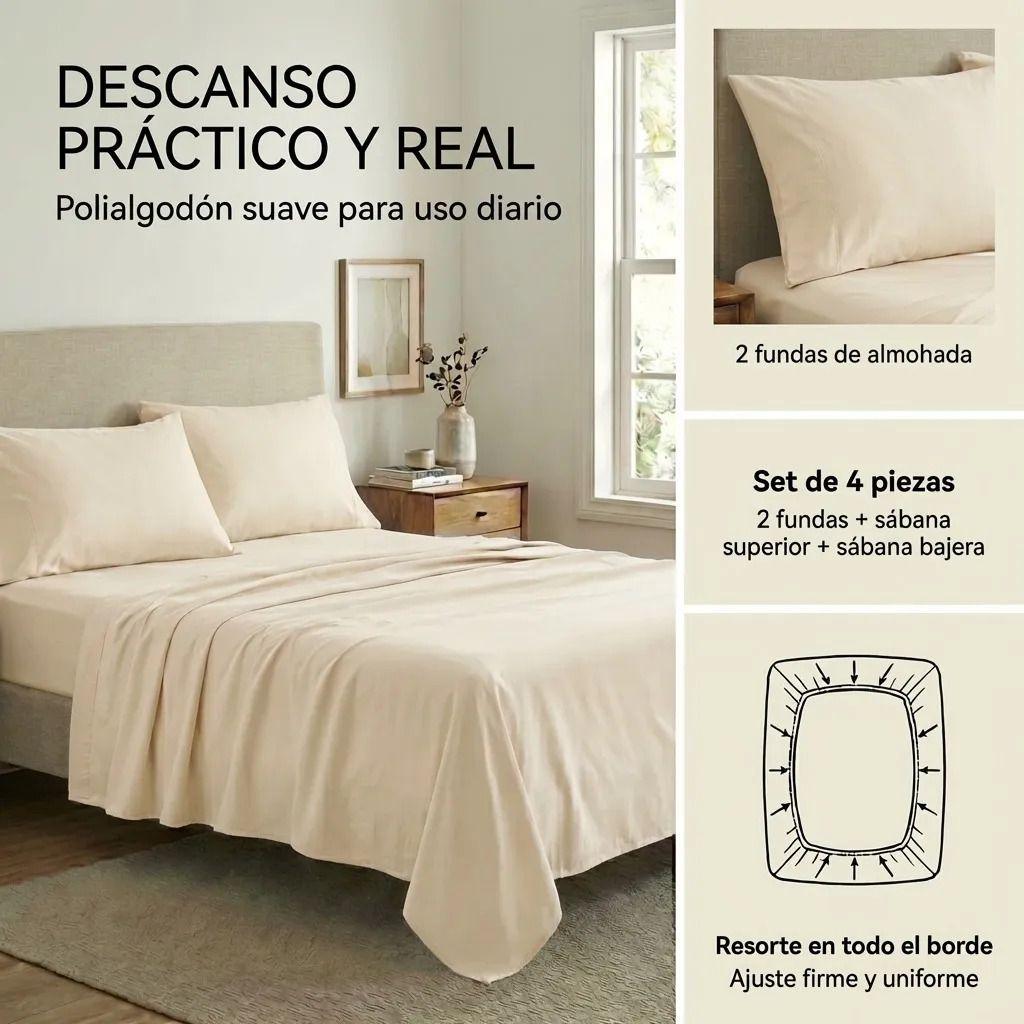 Juego De Sabanas Crema 2 Plazas 4 Piezas Modelo 044-5