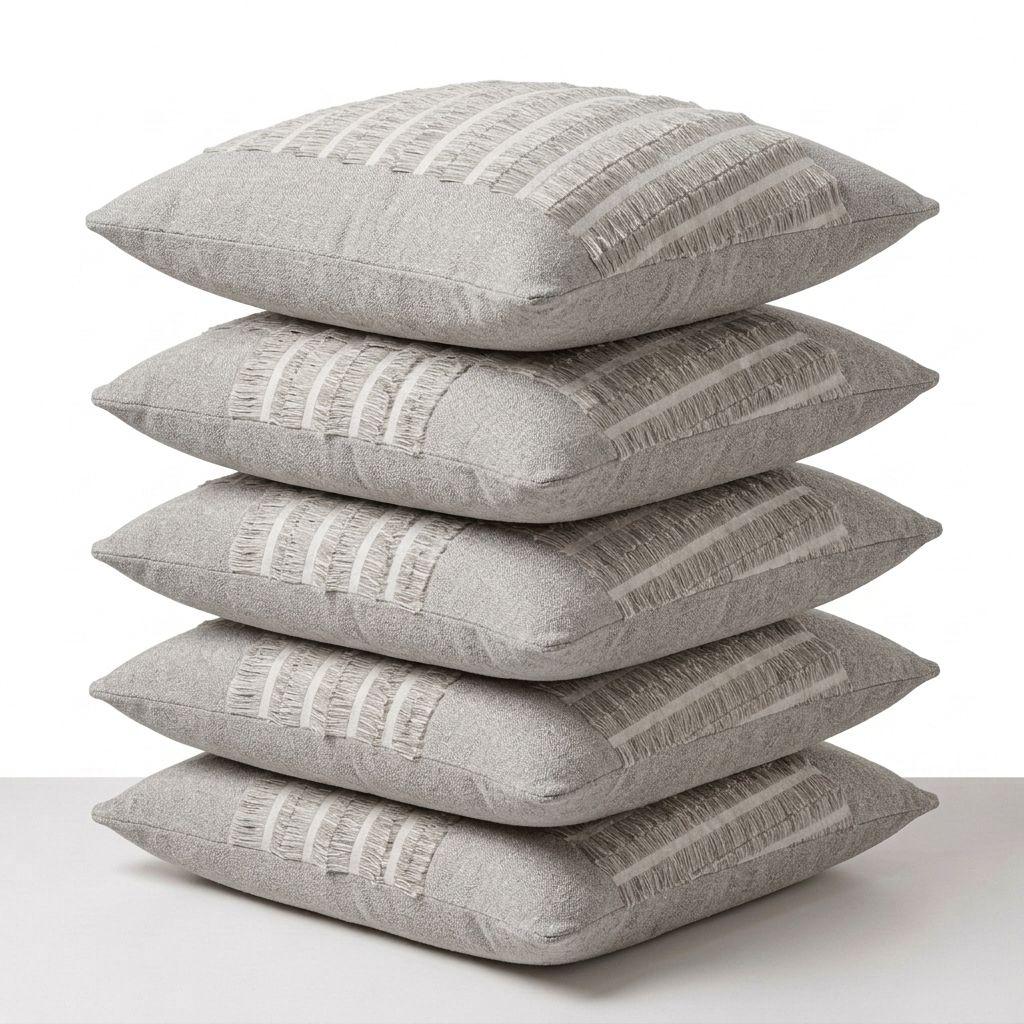 Set 5 Fundas De Cojín Gris Con Franjas Y Flecos 768 Decorativas 45x45 cm-4