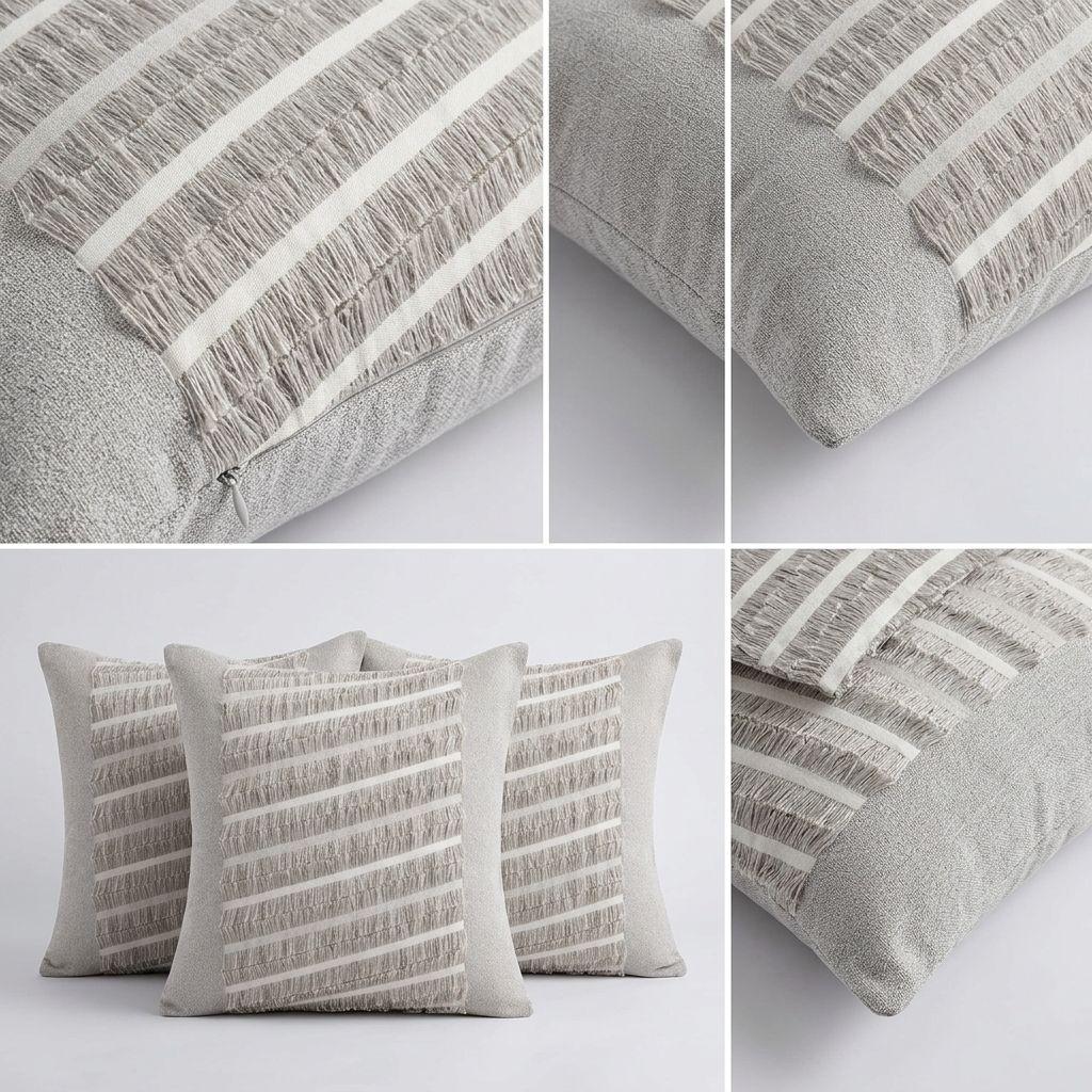 Set 5 Fundas De Cojín Gris Con Franjas Y Flecos 768 Decorativas 45x45 cm-6