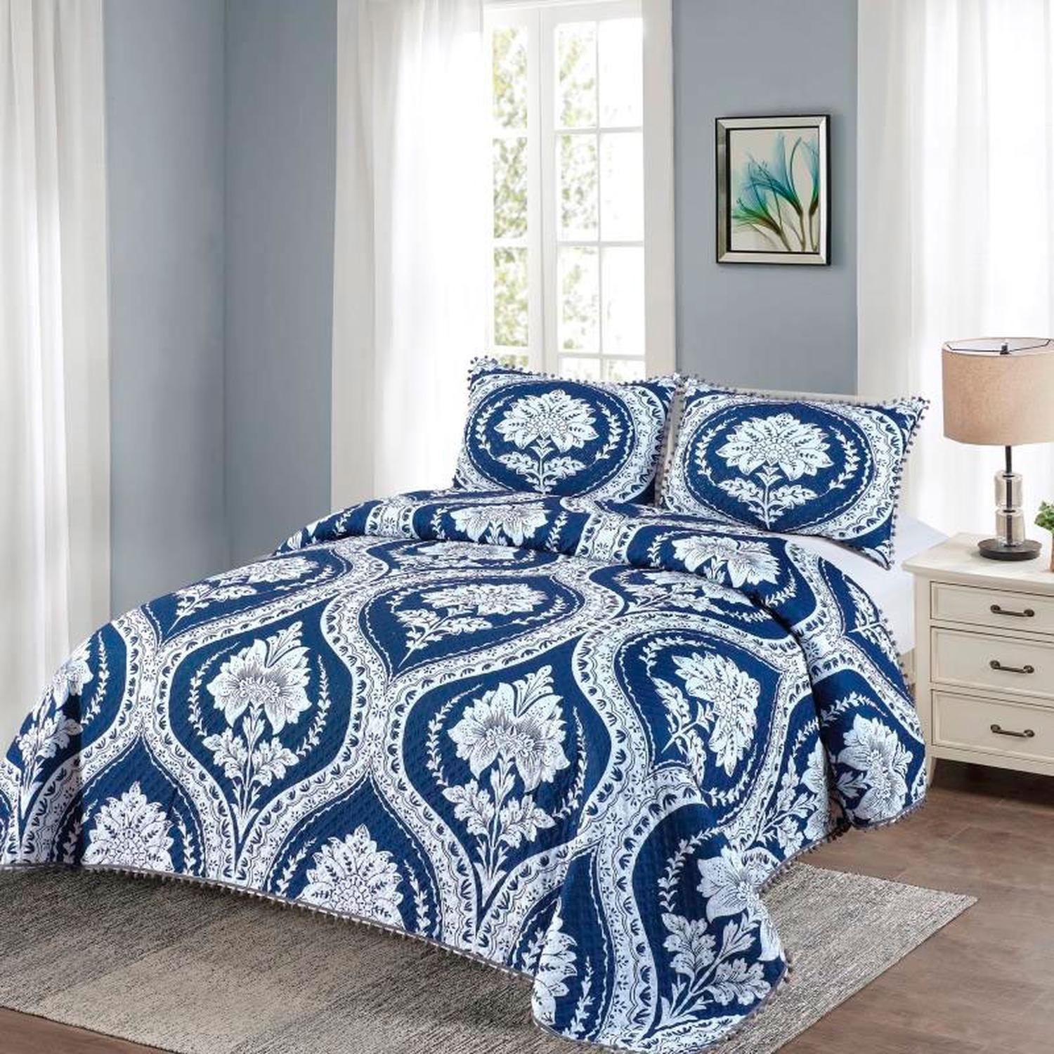 Cubrecama Quilt 2 Plazas Diseño Picas Azul Con Pompones-2