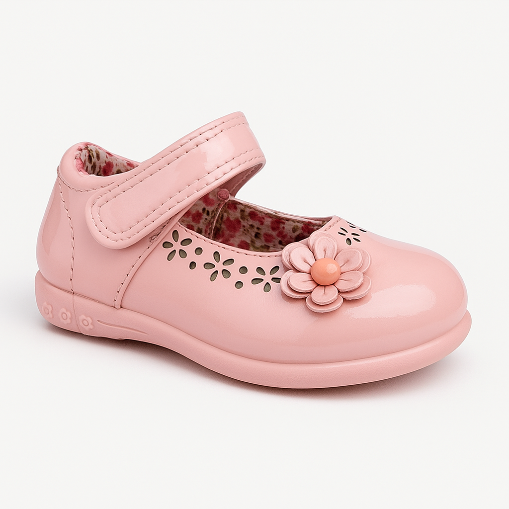 Zapato Infantil Niña Charol Floreado Uso Diario Comodo Rosado 7003-0