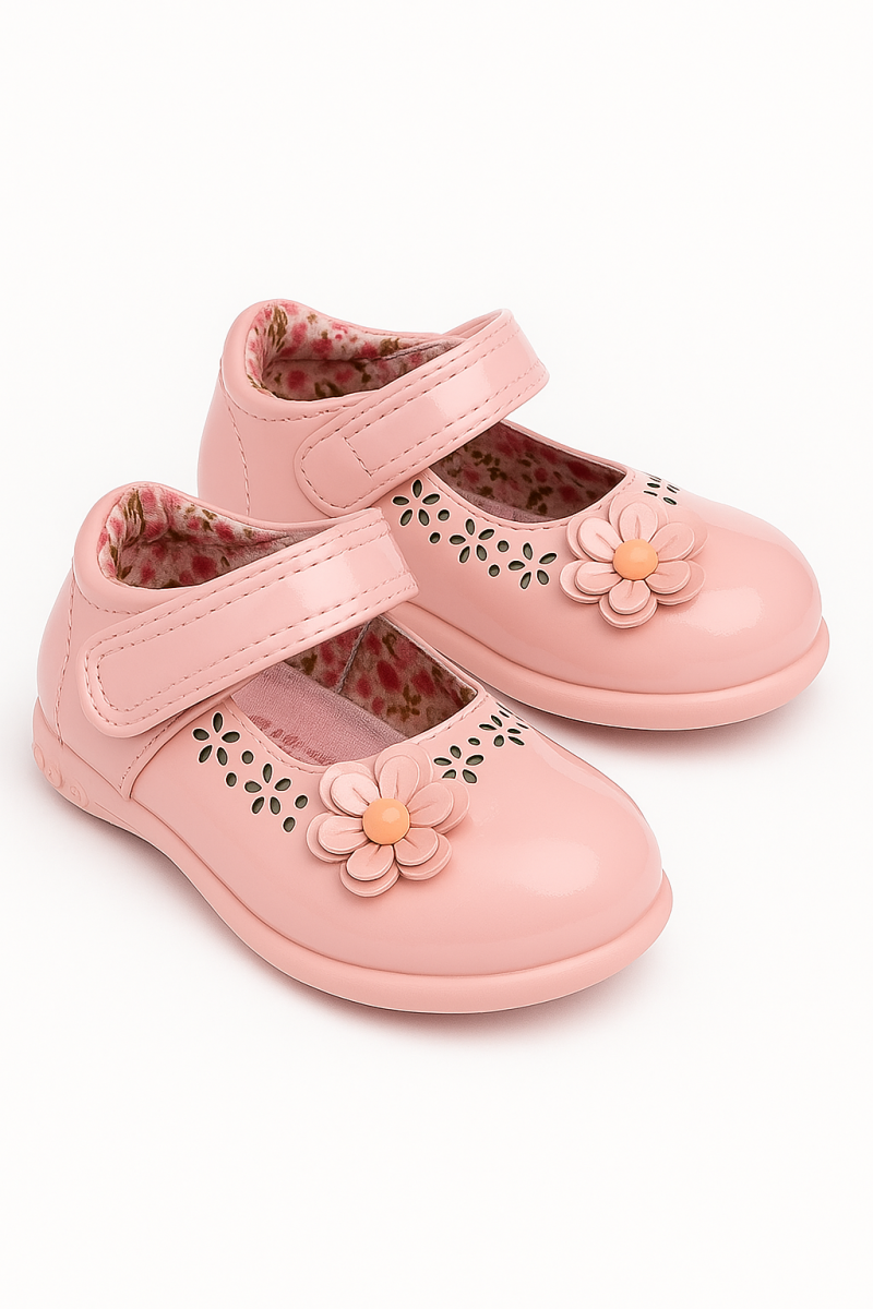 Zapato Infantil Niña Charol Floreado Uso Diario Comodo Rosado 7003-1