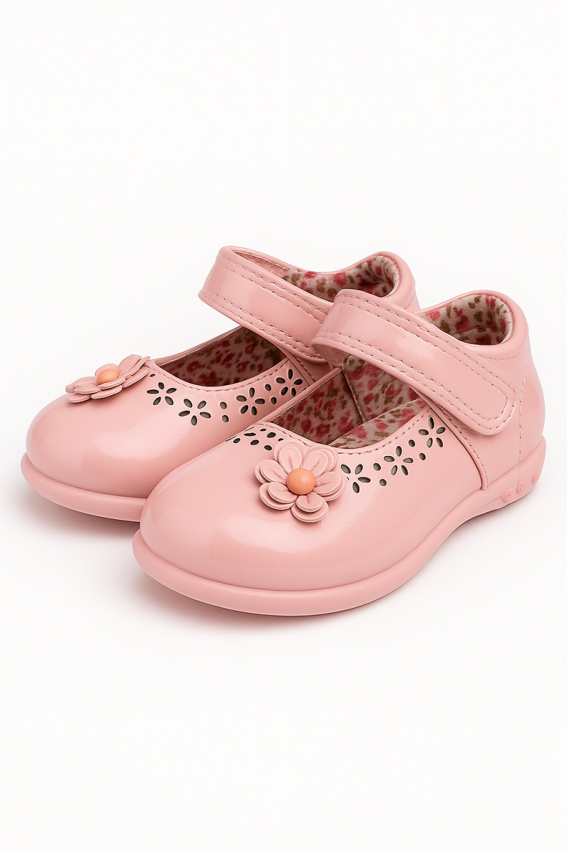 Zapato Infantil Niña Charol Floreado Uso Diario Comodo Rosado 7003-2