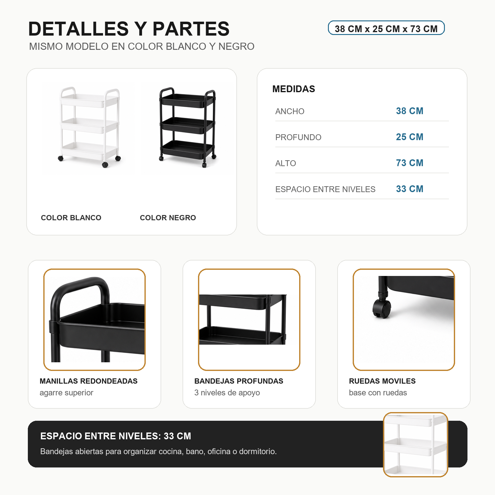 Organizador Con Rueda Baño 3 Niveles Negro Plastico 800-7