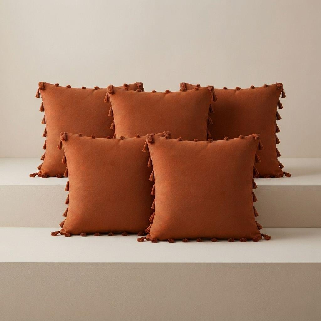 Fundas De Cojín 45x45 cm Con Borlas Poliéster Pack 5 Marrón-6