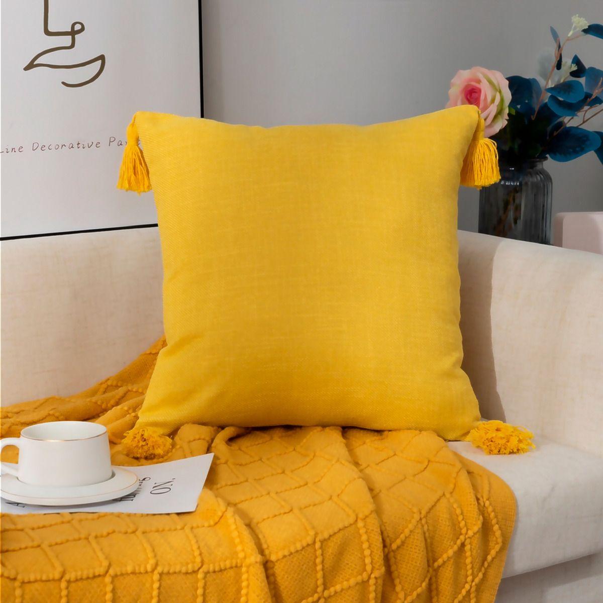 Funda De Cojín 45x45 Cm Amarillo Con Borlas Decorativas 615-1